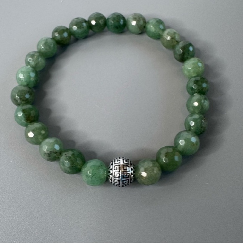 HAND CRAFTED Faceted Jade Stretch Bracelet 7” Green Silver Greek Key Beaded NWT